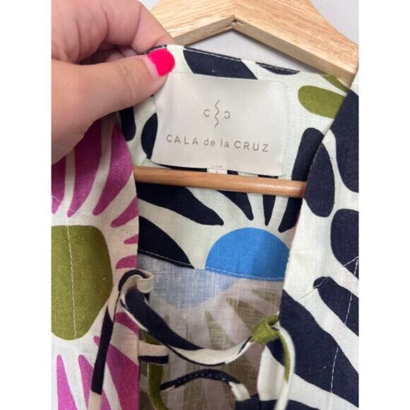 NEW Cala de la Cruz Turin Linen Bell Sleeve Floral Mini Dress Multi Color Size:L - Picture 4 of 8